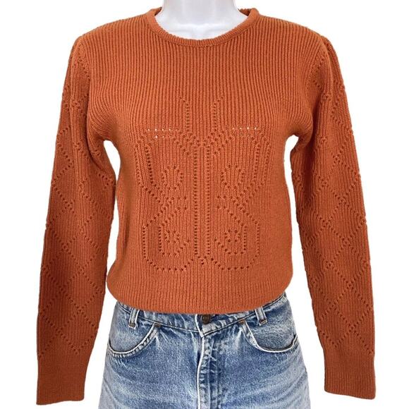 Vintage 70s Butterfly Burnt Orange Boho Cottage Retro Hippie Knit Sweater Size S - Picture 1 of 7